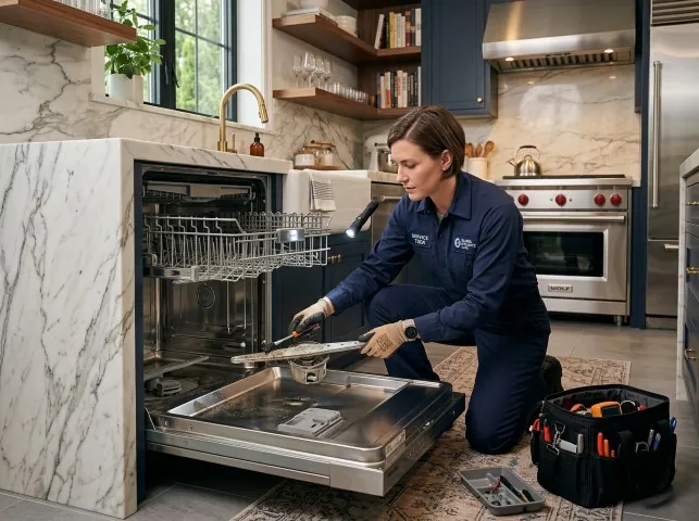 Appliance Repair Hero technician servicing a built-in dishwasher in a Aroma Park, IL kitchen