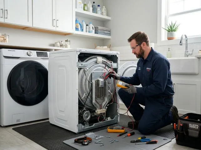 Appliance Repair Hero technician checking a dryer heating element with the rear panel off in Aroma Park, IL