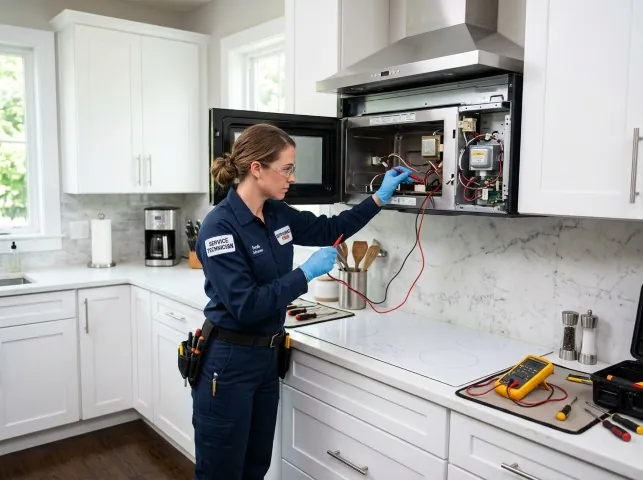 Appliance Repair Hero technician testing an over-the-range microwave in a Aroma Park, IL kitchen