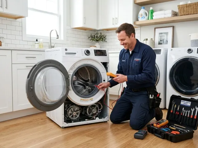 Appliance Repair Hero technician testing a front-load washer with a multimeter on a Aroma Park, IL service call